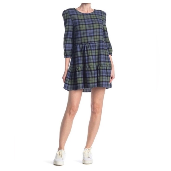 New! Abound flannel tiered plaid 3/4 sleeve dress, cotton, women's small - Picture 1 of 9